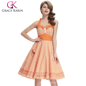 Grace Karin Short Halter Coton Audrey Hepburn Vintage Retro 50s Pinup Swing Plaid Robe de soirée CL6091-3